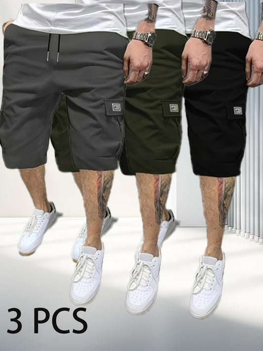 3pcs Men'S Summer Cargo Shorts - Casual Loose Fit, Straight Leg, Non-Stretch Solid Color with Pockets, Perfect for Sports & Outdoor Activities