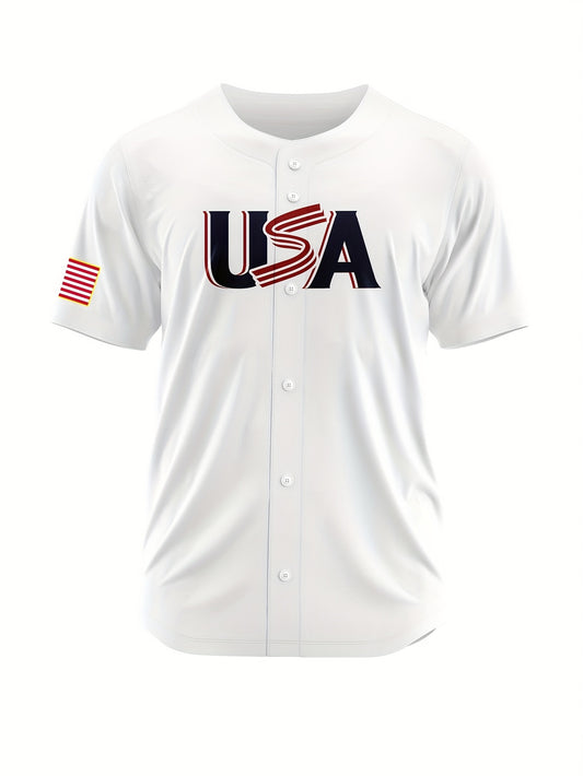 Patriotic Pride | Men's Classic White USA Baseball Jersey with American Flag Embroidery, Breathable Nylon-Spandex Blend, Button-Up Sports Uniform for Fans, Perfect Gift for All Seasons