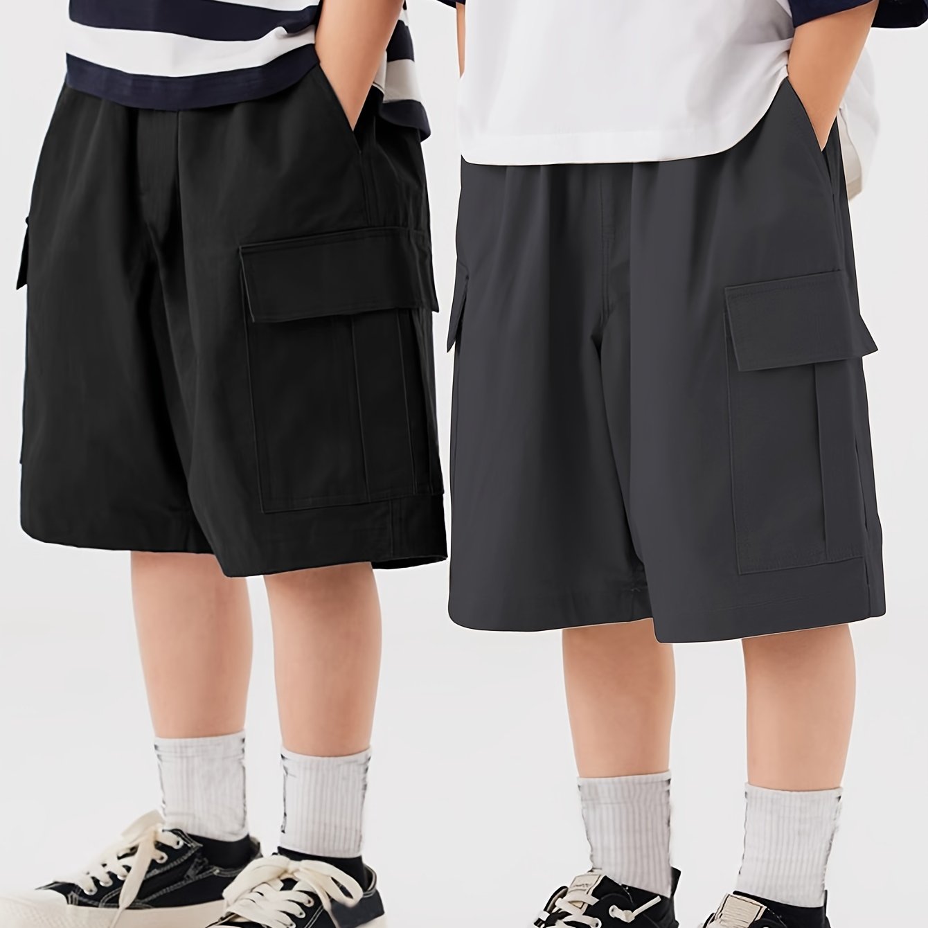 2-pack Boys Loose Fit Cargo Shorts With Pockets, Solid Color Shorts For Spring/Summer/Fall