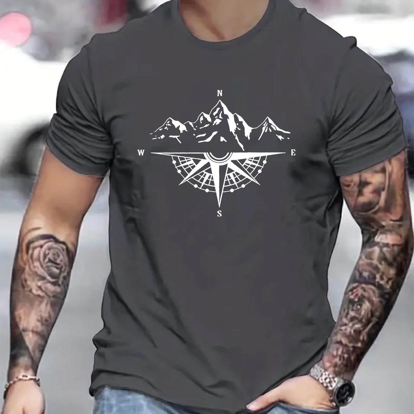 Mountain Shaped Compass & Letter Creative Printing Men's Round Neck Printed T-shirt, Short Sleeved Comfortable Loose Casual Top, Spring Summer Holiday Men's Clothing As A Gift