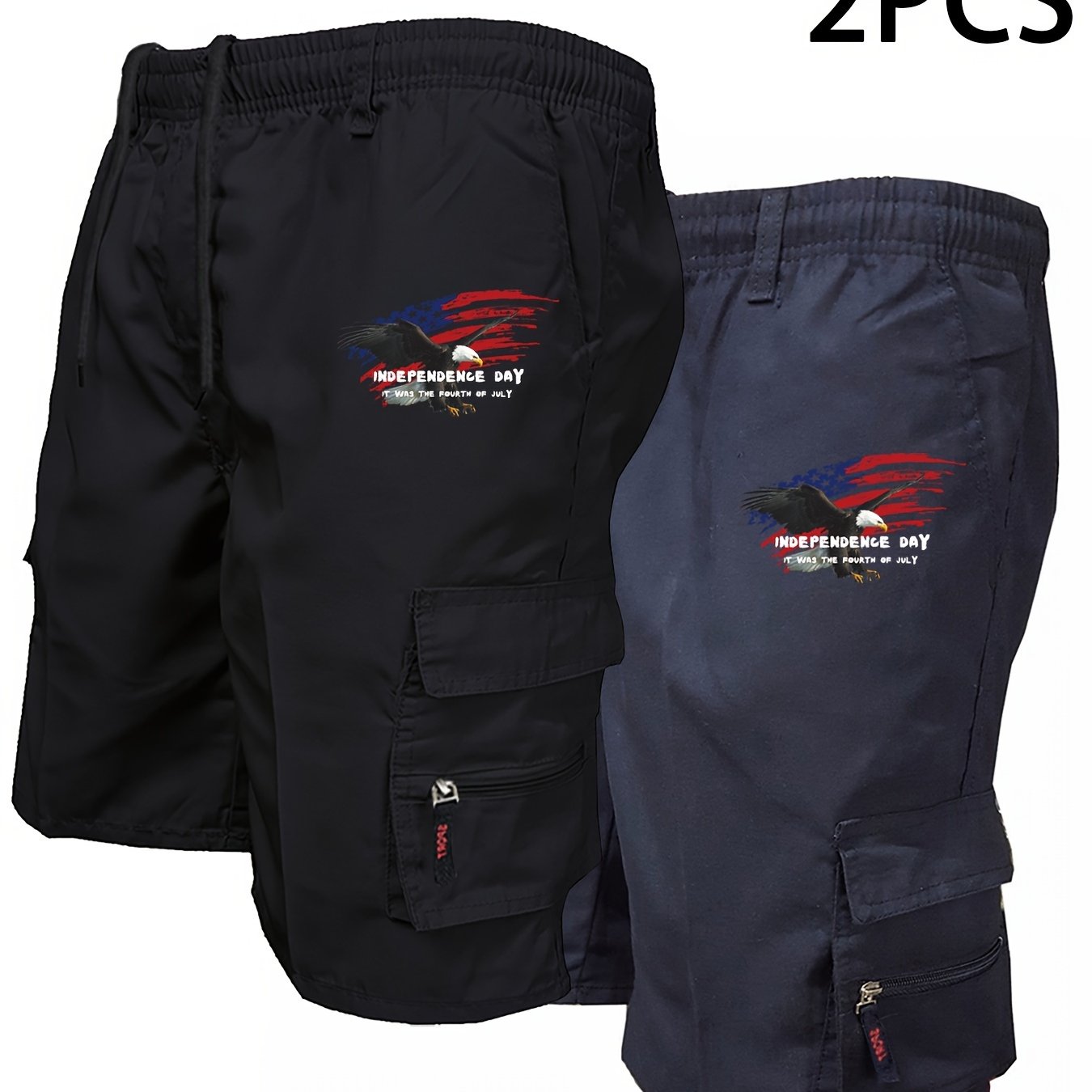 2pcs Graphic Print Men's Loose Fit Waist Drawstring Cargo Shorts with Creative American Flag, Side Pockets for Summer Outdoor Leisure and Work