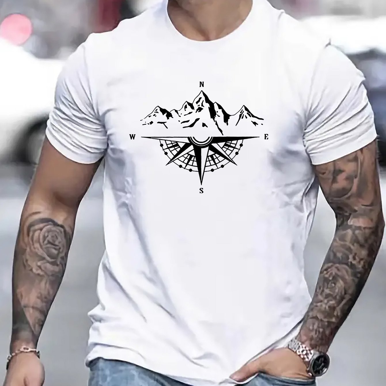 Mountain Shaped Compass & Letter Creative Printing Men's Round Neck Printed T-shirt, Short Sleeved Comfortable Loose Casual Top, Spring Summer Holiday Men's Clothing As A Gift
