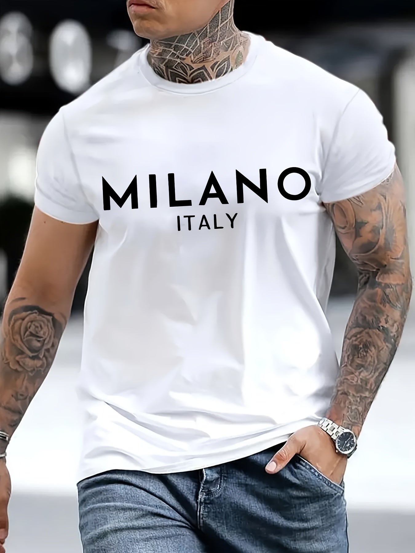 Italy Milan lettering printed T-shirt men's casual style summer and autumn slightly elastic round neck T-shirt