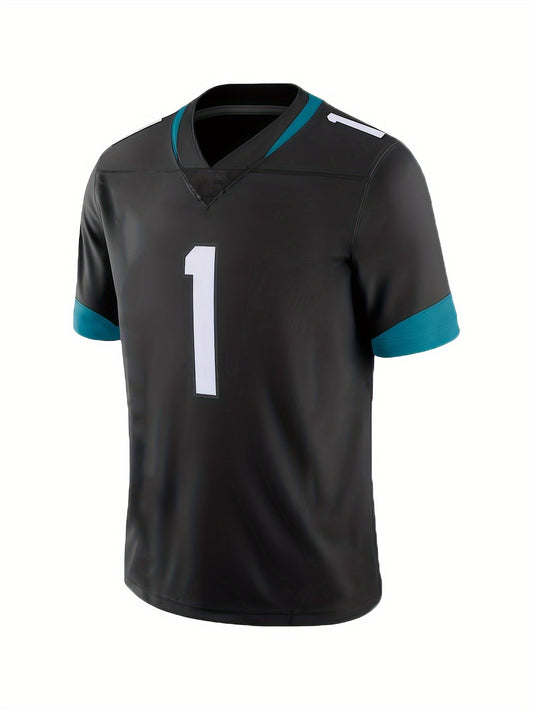 Men's Classic #1 Black American Football Jersey - V-Neck, Embroidery, Breathable, Rugby Sports Uniform for Training and Competition