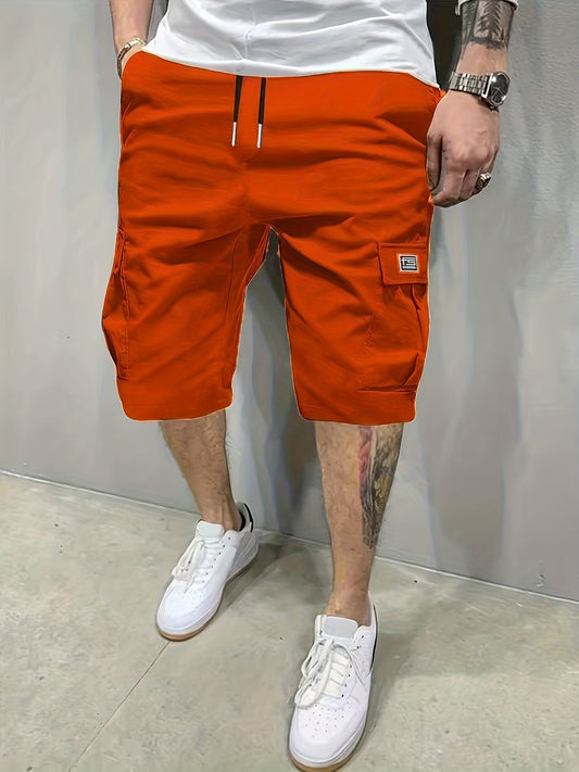 Relaxed Fit Polyester Cargo Shorts - Breathable, Non-Stretch, Solid Color, Side Pockets, Elastic Waistband, Ideal for Summer Outdoor Leisure, Work, and Travel - Hand Wash or Dry Clean, Regular Length, Loose Fit Style