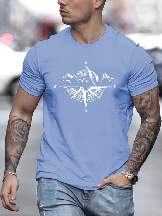 Mountain Shaped Compass & Letter Creative Printing Men's Round Neck Printed T-shirt, Short Sleeved Comfortable Loose Casual Top, Spring Summer Holiday Men's Clothing As A Gift