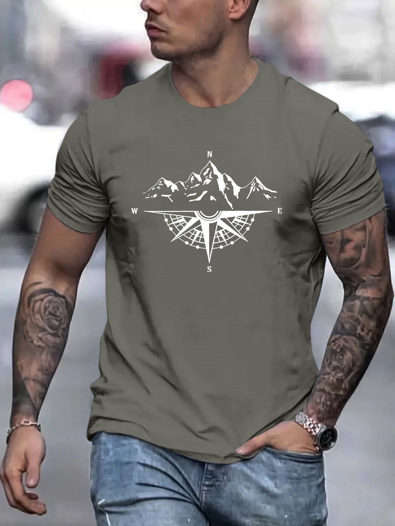 Mountain Shaped Compass & Letter Creative Printing Men's Round Neck Printed T-shirt, Short Sleeved Comfortable Loose Casual Top, Spring Summer Holiday Men's Clothing As A Gift