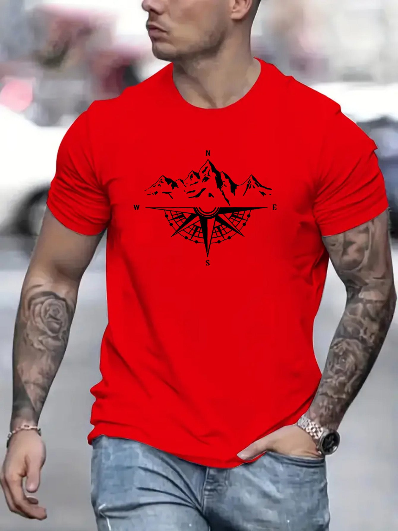 Mountain Shaped Compass & Letter Creative Printing Men's Round Neck Printed T-shirt, Short Sleeved Comfortable Loose Casual Top, Spring Summer Holiday Men's Clothing As A Gift