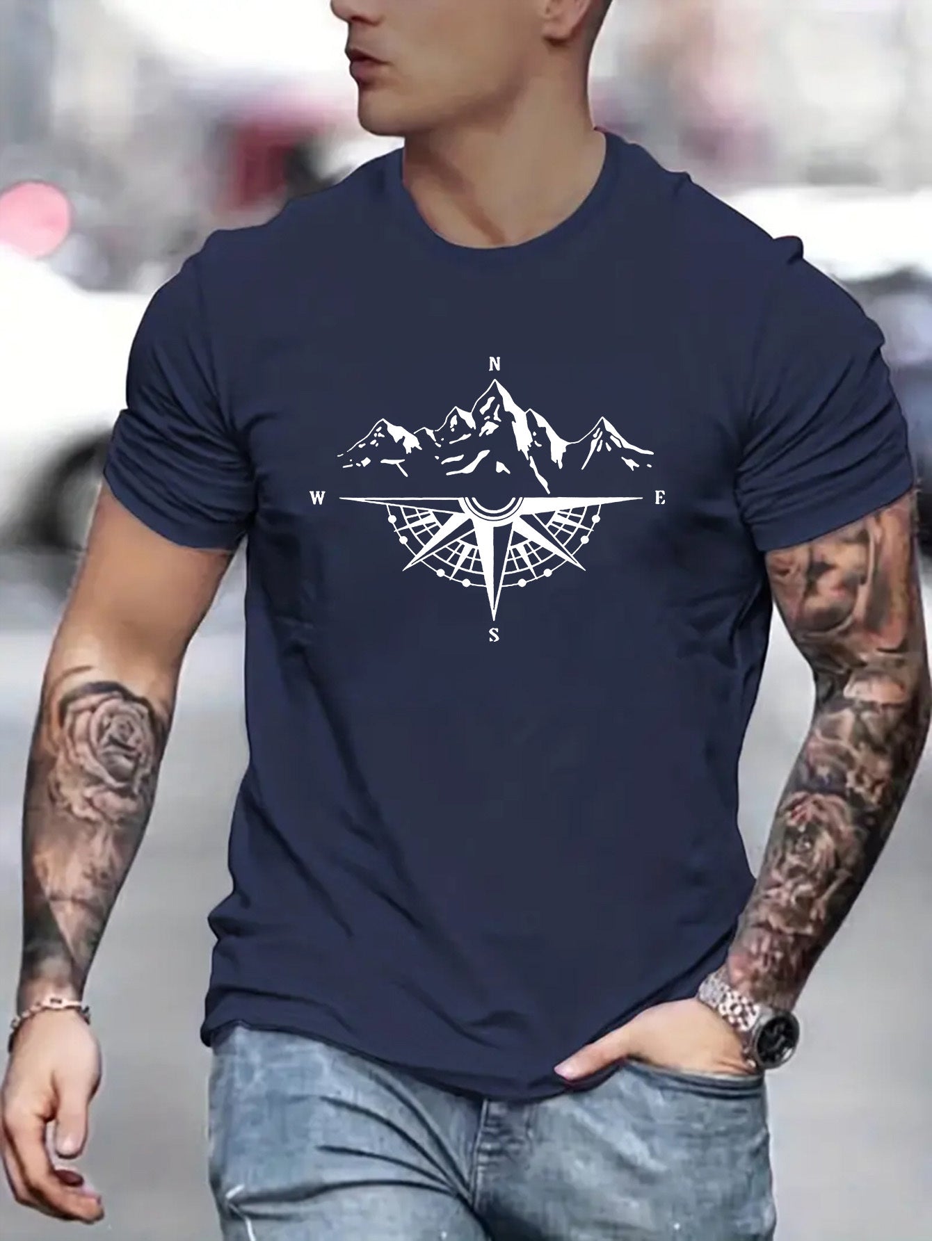 Mountain Shaped Compass & Letter Creative Printing Men's Round Neck Printed T-shirt, Short Sleeved Comfortable Loose Casual Top, Spring Summer Holiday Men's Clothing As A Gift