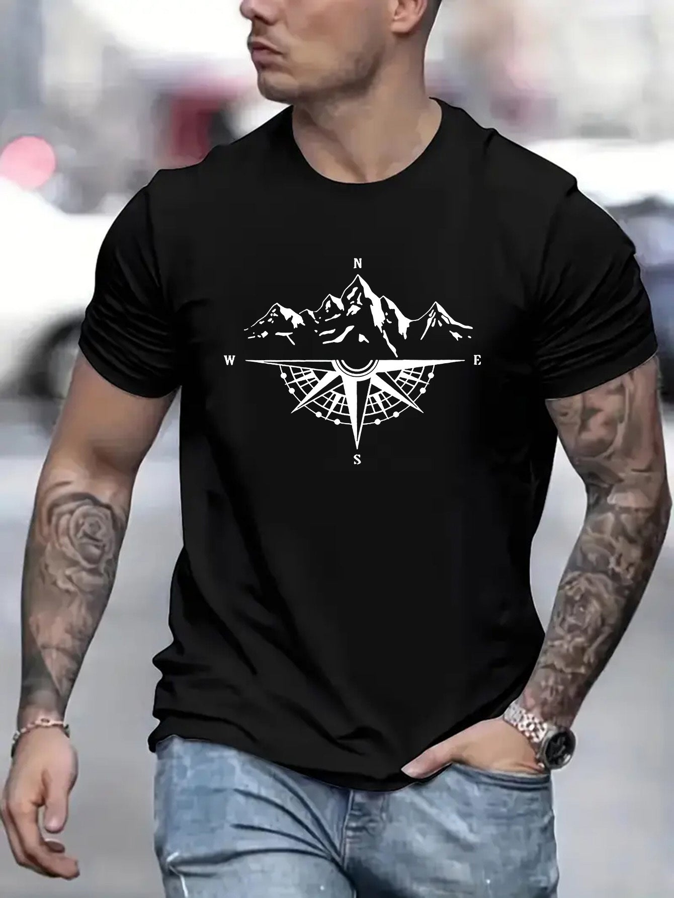 Mountain Shaped Compass & Letter Creative Printing Men's Round Neck Printed T-shirt, Short Sleeved Comfortable Loose Casual Top, Spring Summer Holiday Men's Clothing As A Gift