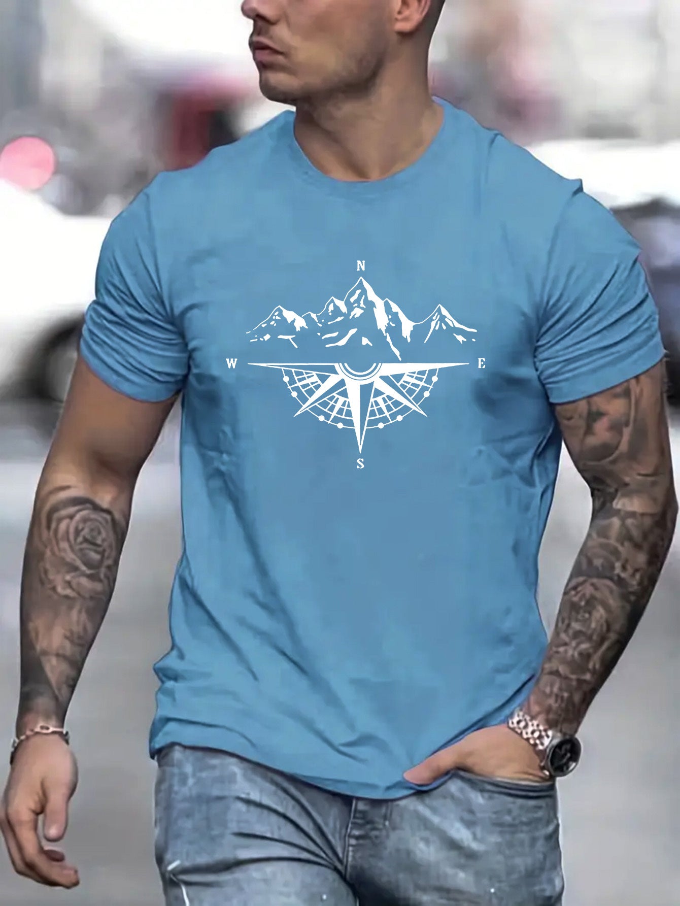 Mountain Shaped Compass & Letter Creative Printing Men's Round Neck Printed T-shirt, Short Sleeved Comfortable Loose Casual Top, Spring Summer Holiday Men's Clothing As A Gift