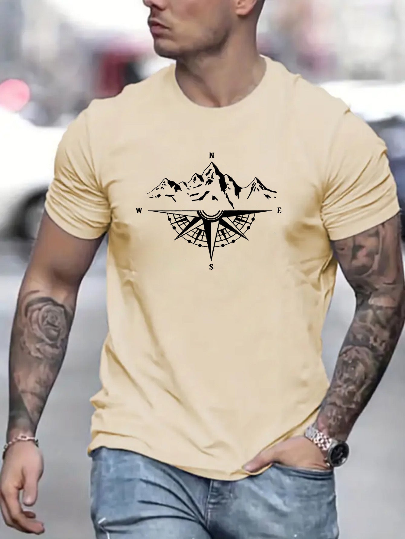 Mountain Shaped Compass & Letter Creative Printing Men's Round Neck Printed T-shirt, Short Sleeved Comfortable Loose Casual Top, Spring Summer Holiday Men's Clothing As A Gift