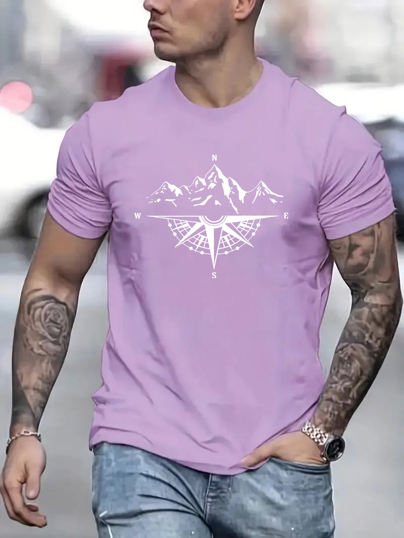 Mountain Shaped Compass & Letter Creative Printing Men's Round Neck Printed T-shirt, Short Sleeved Comfortable Loose Casual Top, Spring Summer Holiday Men's Clothing As A Gift