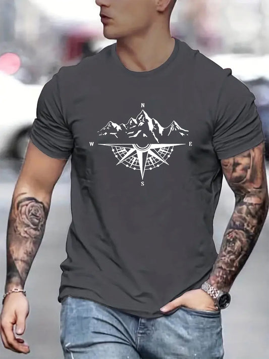 Mountain Shaped Compass & Letter Creative Printing Men's Round Neck Printed T-shirt, Short Sleeved Comfortable Loose Casual Top, Spring Summer Holiday Men's Clothing As A Gift