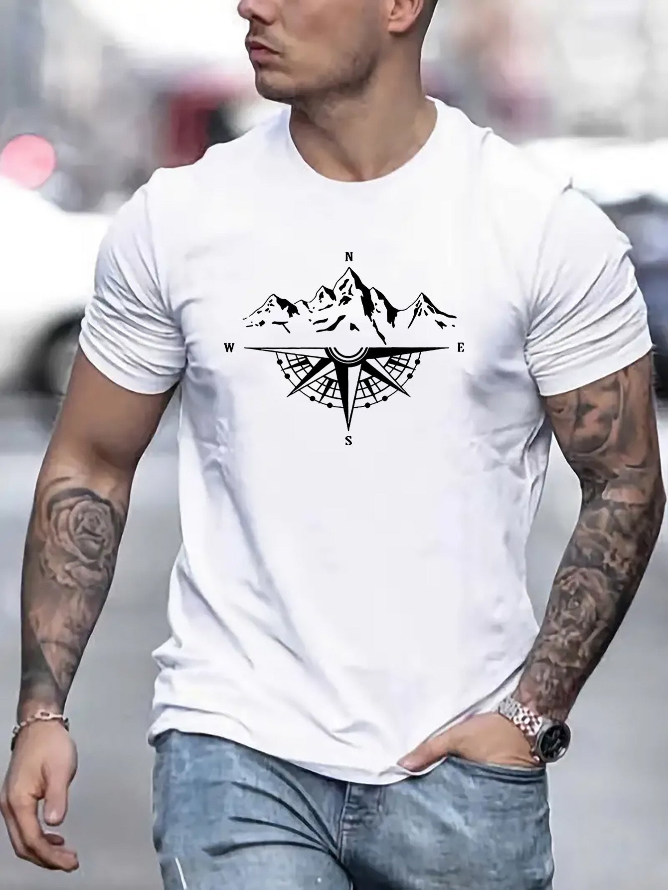 Mountain Shaped Compass & Letter Creative Printing Men's Round Neck Printed T-shirt, Short Sleeved Comfortable Loose Casual Top, Spring Summer Holiday Men's Clothing As A Gift
