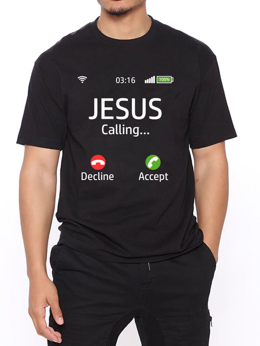 1pc summer gift, men's casual trend fun "Jesus Calls" printed T-shirt, short sleeve round neck hip hop style top