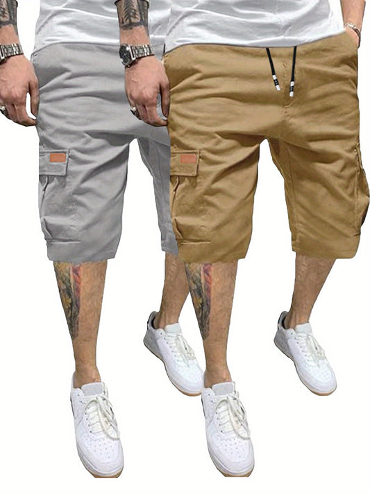 2pcs Men's Casual Cargo Shorts - Classic Drawstring, Stretch Cotton with Multiple Pockets, Gray & Brown, Machine Washable, Comfortable for Casual Attire