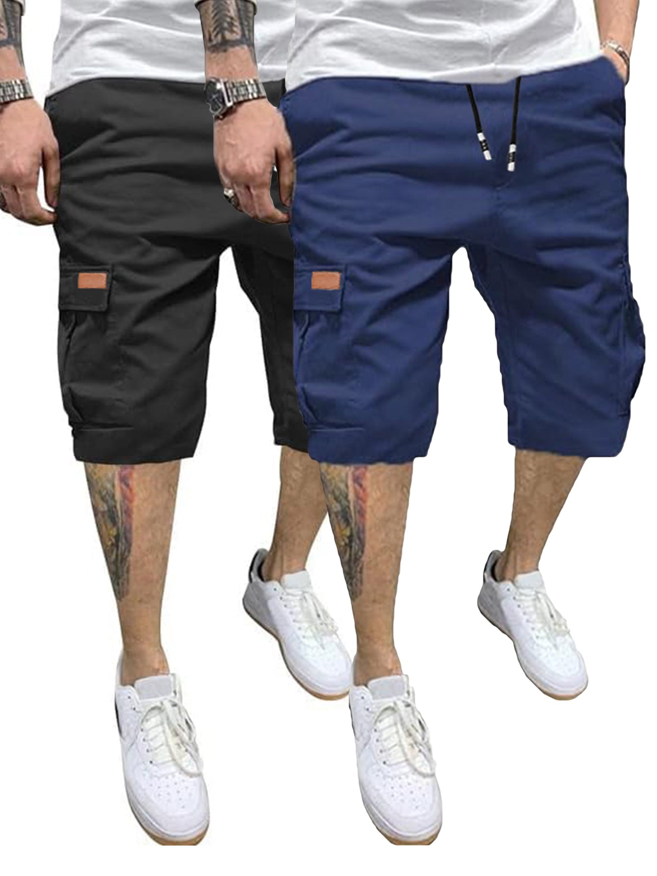2pcs Men's Casual Cargo Shorts - Classic Drawstring, Stretch Cotton with Multiple Pockets, Gray & Brown, Machine Washable, Comfortable for Casual Attire