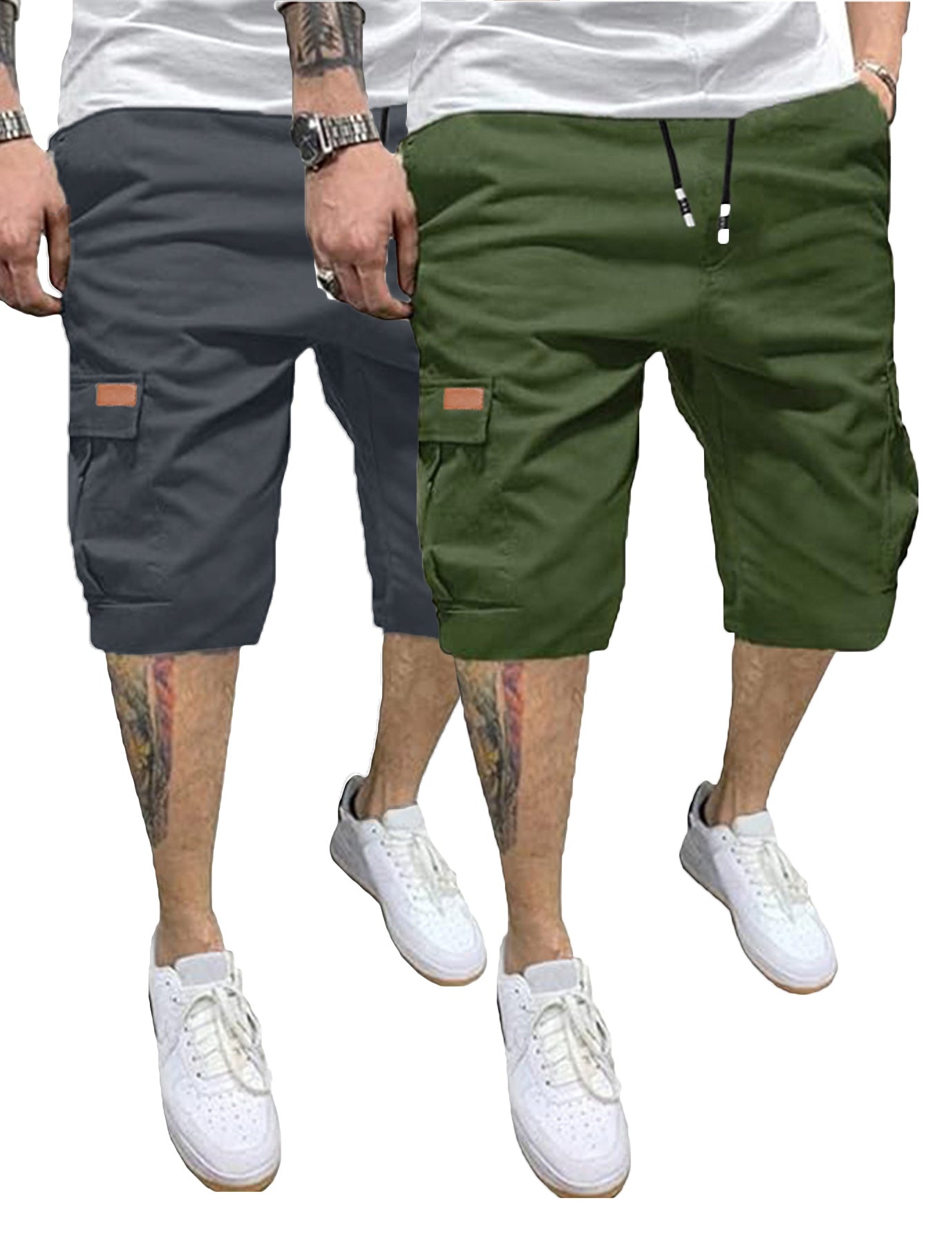 2pcs Men's Casual Cargo Shorts - Classic Drawstring, Stretch Cotton with Multiple Pockets, Gray & Brown, Machine Washable, Comfortable for Casual Attire