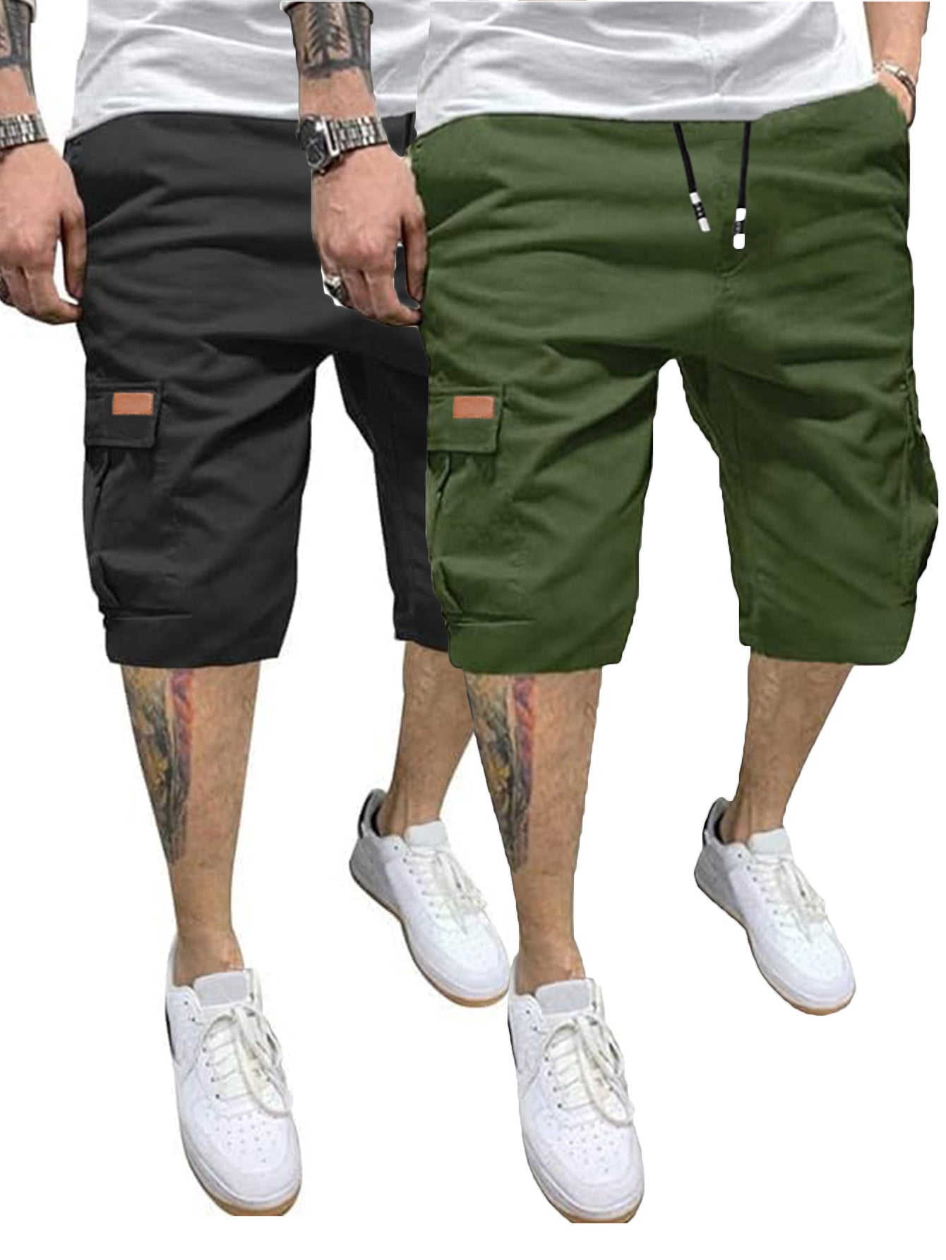 2pcs Men's Casual Cargo Shorts - Classic Drawstring, Stretch Cotton with Multiple Pockets, Gray & Brown, Machine Washable, Comfortable for Casual Attire