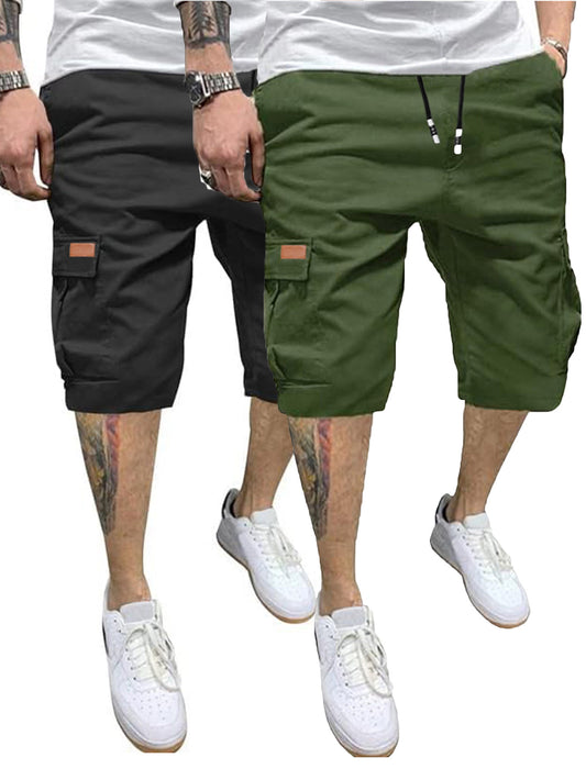 2pcs Men's Casual Cargo Shorts - Classic Drawstring, Stretch Cotton with Multiple Pockets, Gray & Brown, Machine Washable, Comfortable for Casual Attire