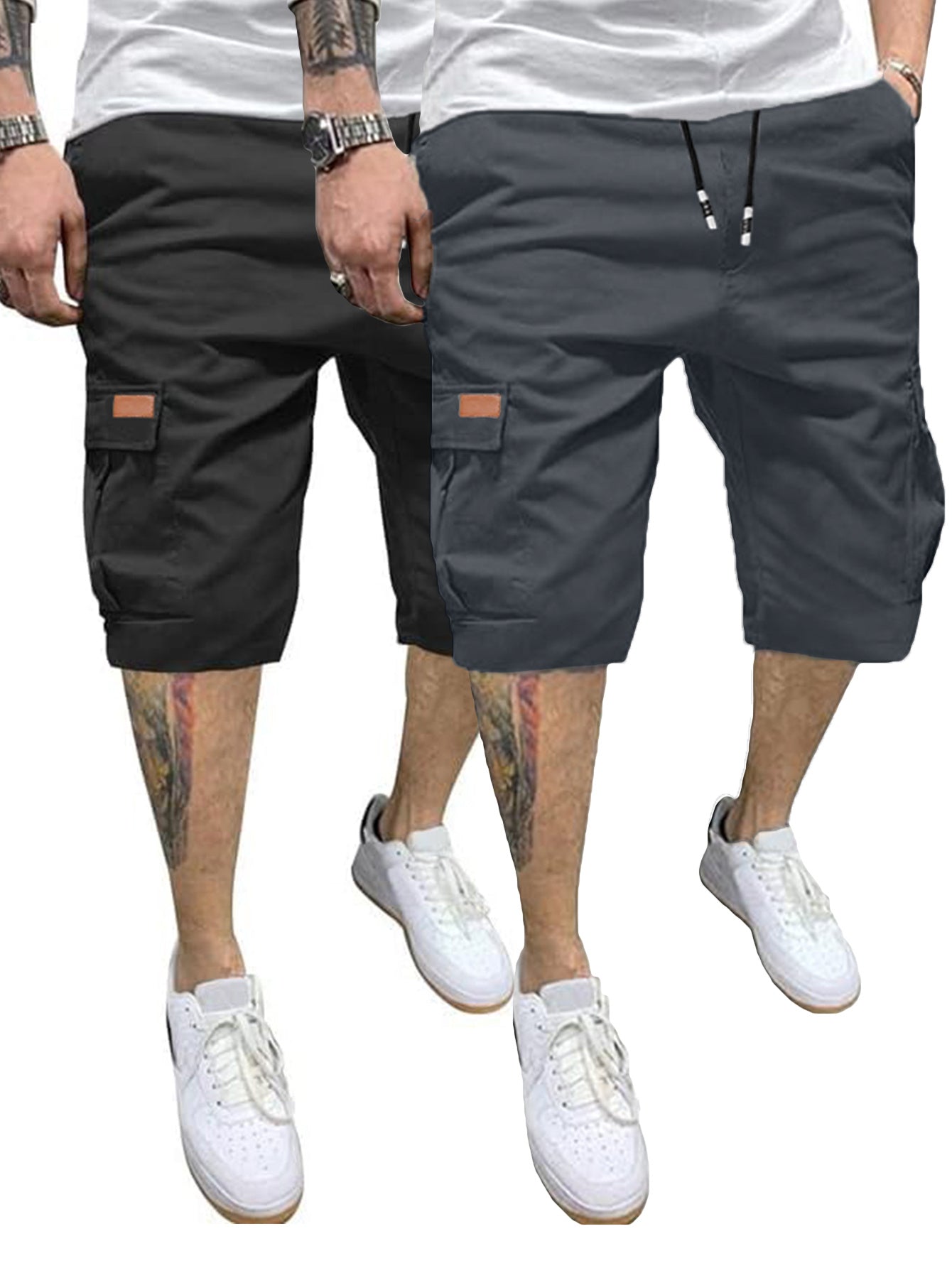 2pcs Men's Casual Cargo Shorts - Classic Drawstring, Stretch Cotton with Multiple Pockets, Gray & Brown, Machine Washable, Comfortable for Casual Attire