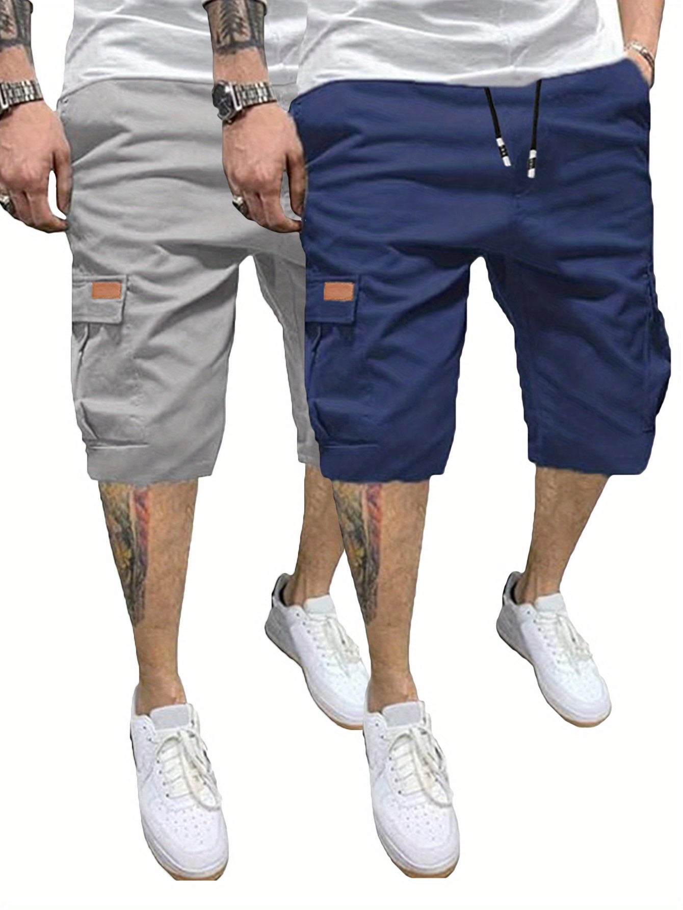 2pcs Men's Casual Cargo Shorts - Classic Drawstring, Stretch Cotton with Multiple Pockets, Gray & Brown, Machine Washable, Comfortable for Casual Attire
