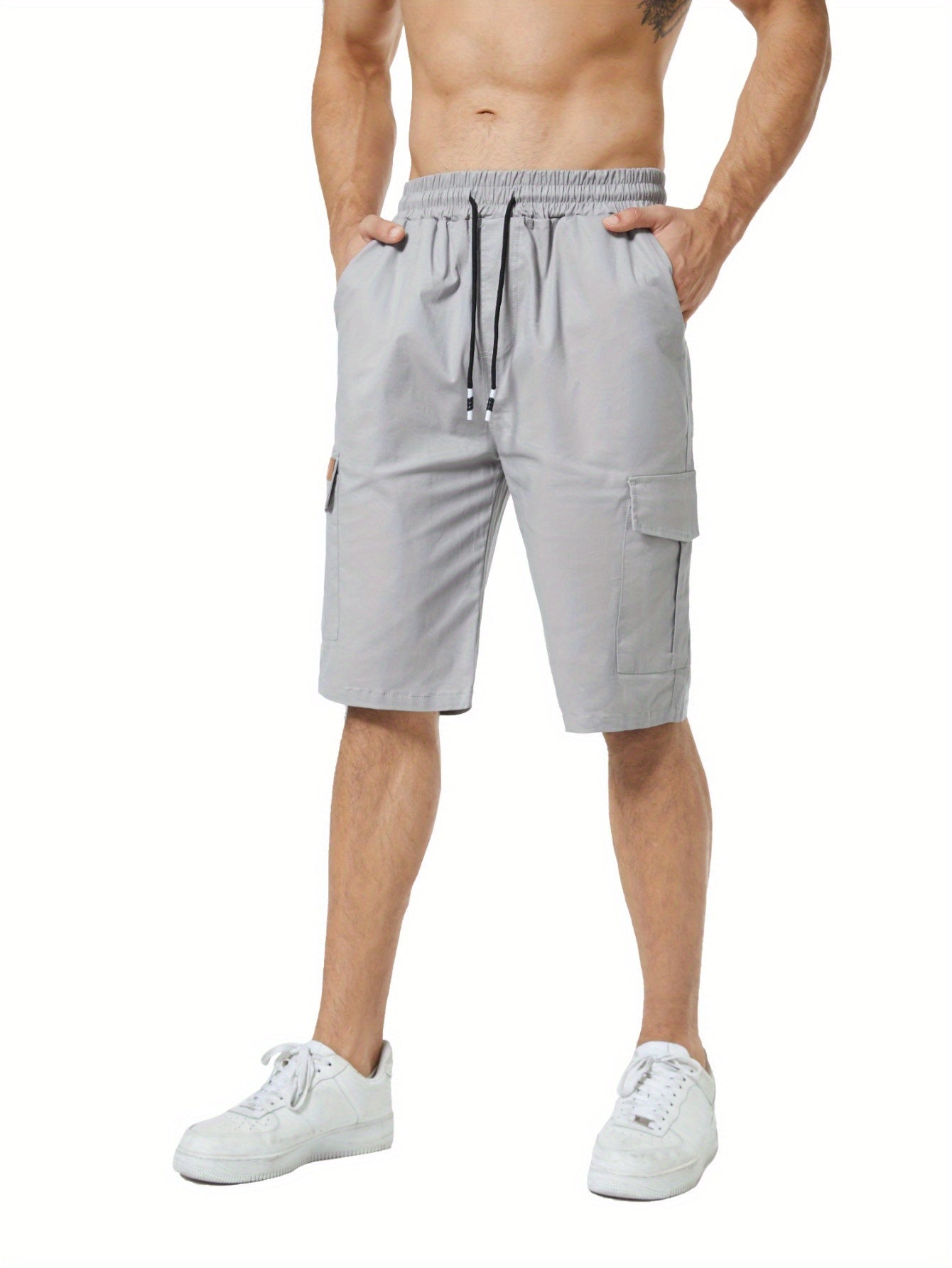 2pcs Men's Casual Cargo Shorts - Classic Drawstring, Stretch Cotton with Multiple Pockets, Gray & Brown, Machine Washable, Comfortable for Casual Attire