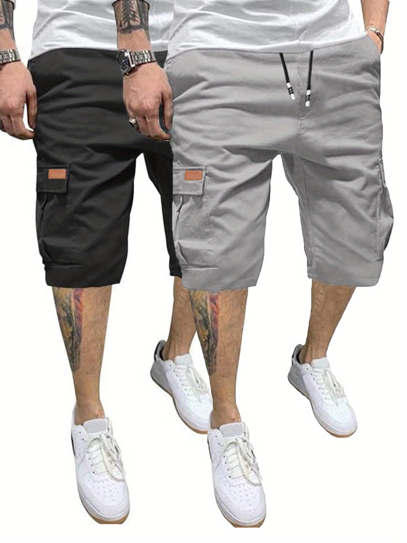2pcs Men's Casual Cargo Shorts - Classic Drawstring, Stretch Cotton with Multiple Pockets, Gray & Brown, Machine Washable, Comfortable for Casual Attire