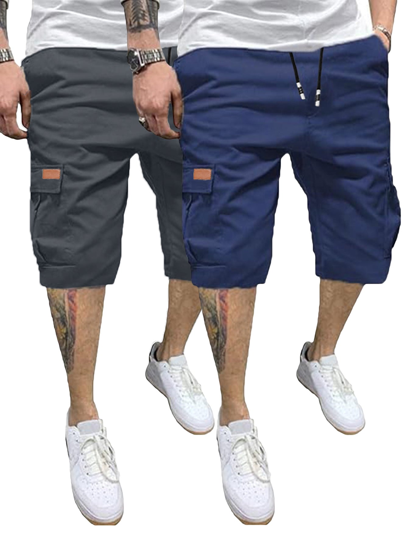 2pcs Men's Casual Cargo Shorts - Classic Drawstring, Stretch Cotton with Multiple Pockets, Gray & Brown, Machine Washable, Comfortable for Casual Attire