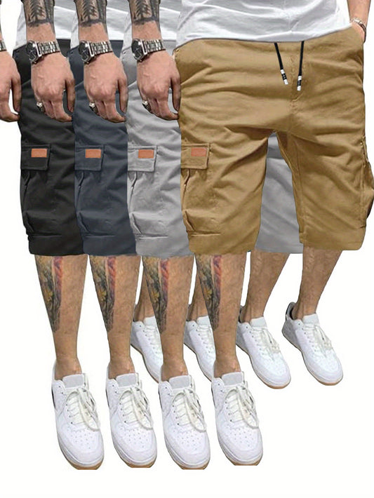 4 Pcs Men's Casual Cargo Shorts Elastic Drawstring Cotton Stretch Multiple Pockets Cargo Short