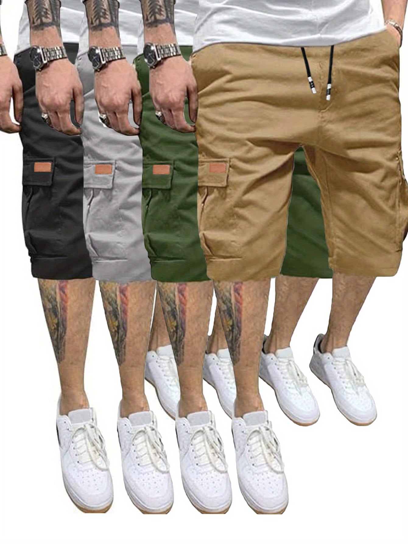 4 Pcs Men's Casual Cargo Shorts Elastic Drawstring Cotton Stretch Multiple Pockets Cargo Short