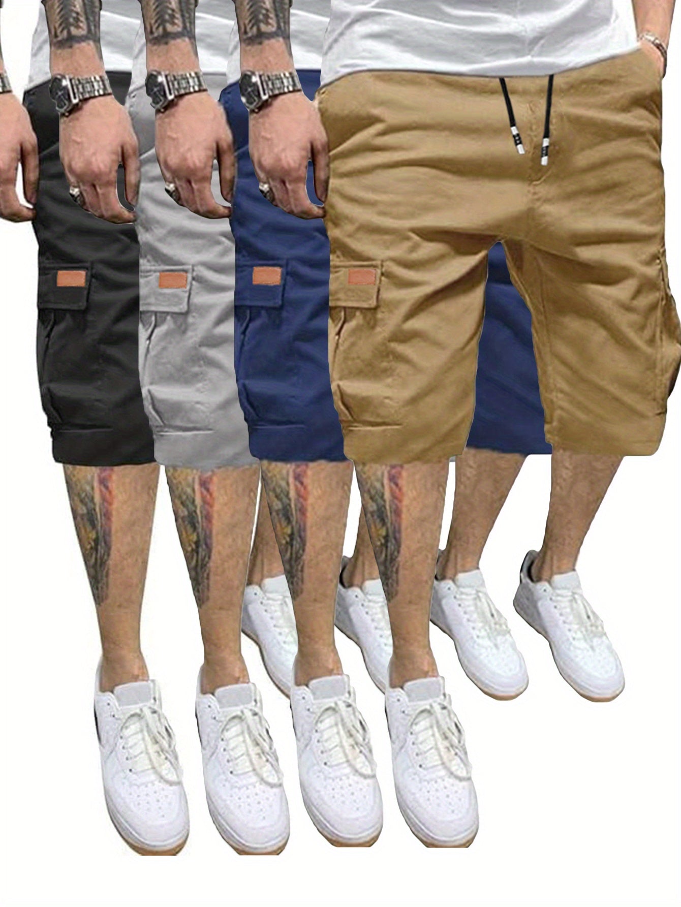 4 Pcs Men's Casual Cargo Shorts Elastic Drawstring Cotton Stretch Multiple Pockets Cargo Short