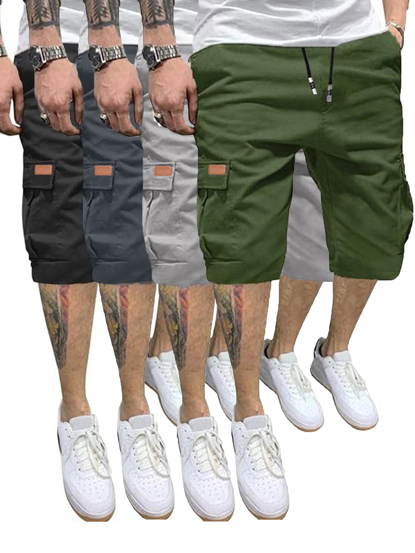 4 Pcs Men's Casual Cargo Shorts Elastic Drawstring Cotton Stretch Multiple Pockets Cargo Short