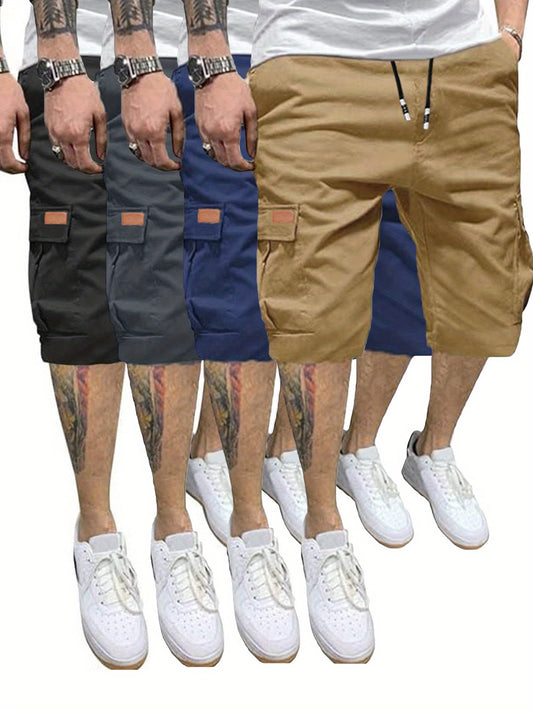 4 Pcs Men's Casual Cargo Shorts Elastic Drawstring Cotton Stretch Multiple Pockets Cargo Short