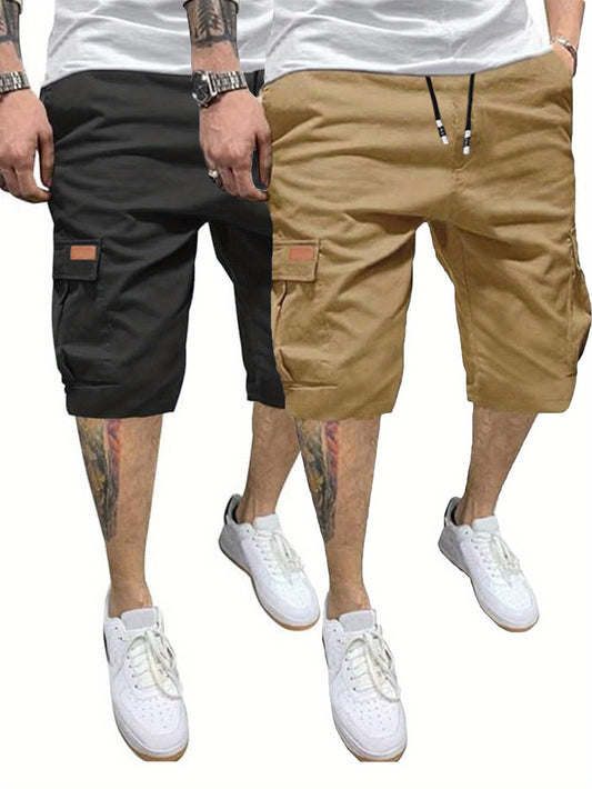 2 Pcs Men's Casual Cargo Shorts Elastic Drawstring Cotton Stretch Multiple Pockets Cargo Short