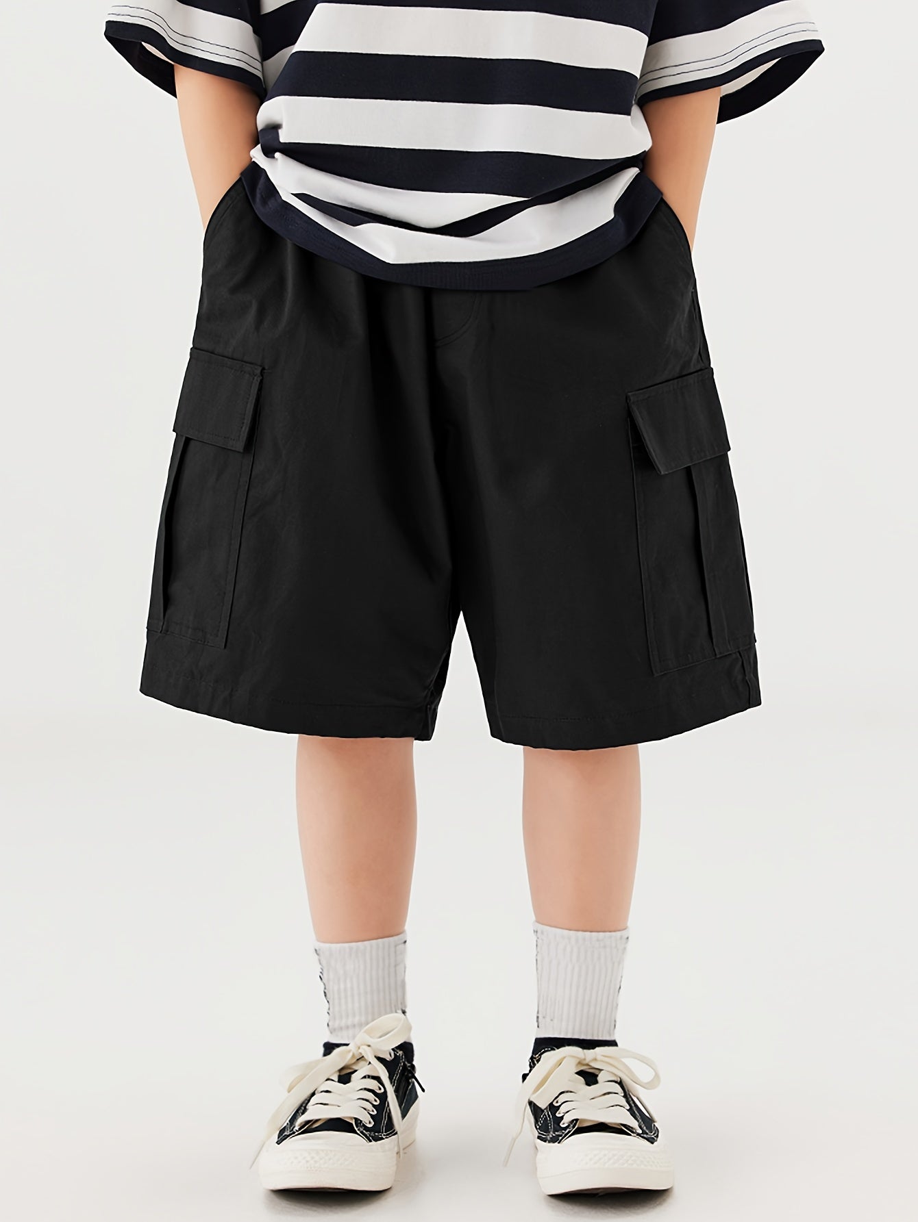 2-pack Boys Loose Fit Cargo Shorts With Pockets, Solid Color Shorts For Spring/Summer/Fall
