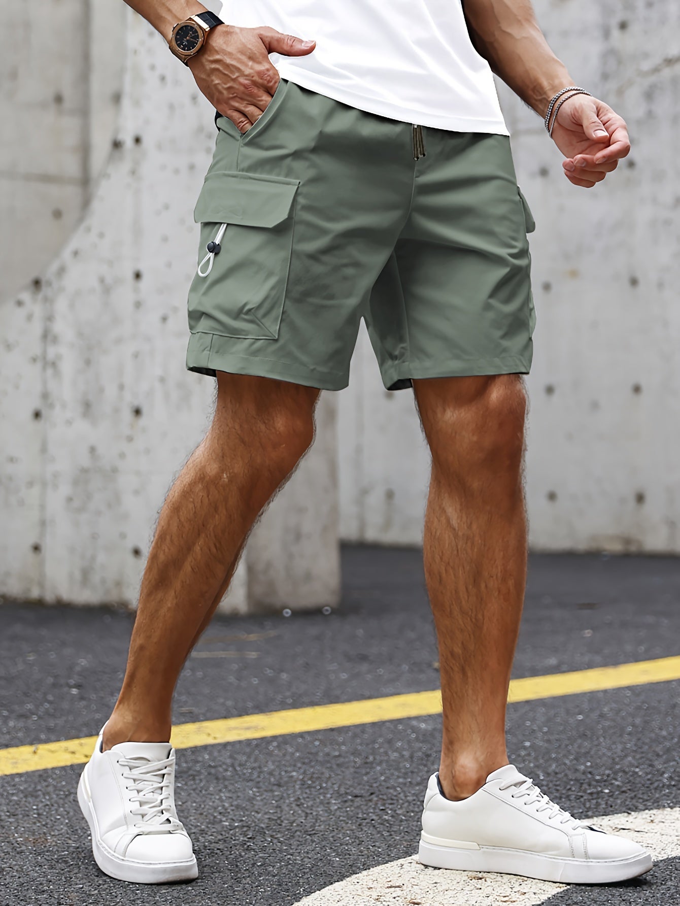 Casual Solid Men's Loose Fit Elastic Waist Cargo Shorts With Side Pockets For Summer Outdoor Leisure And Work