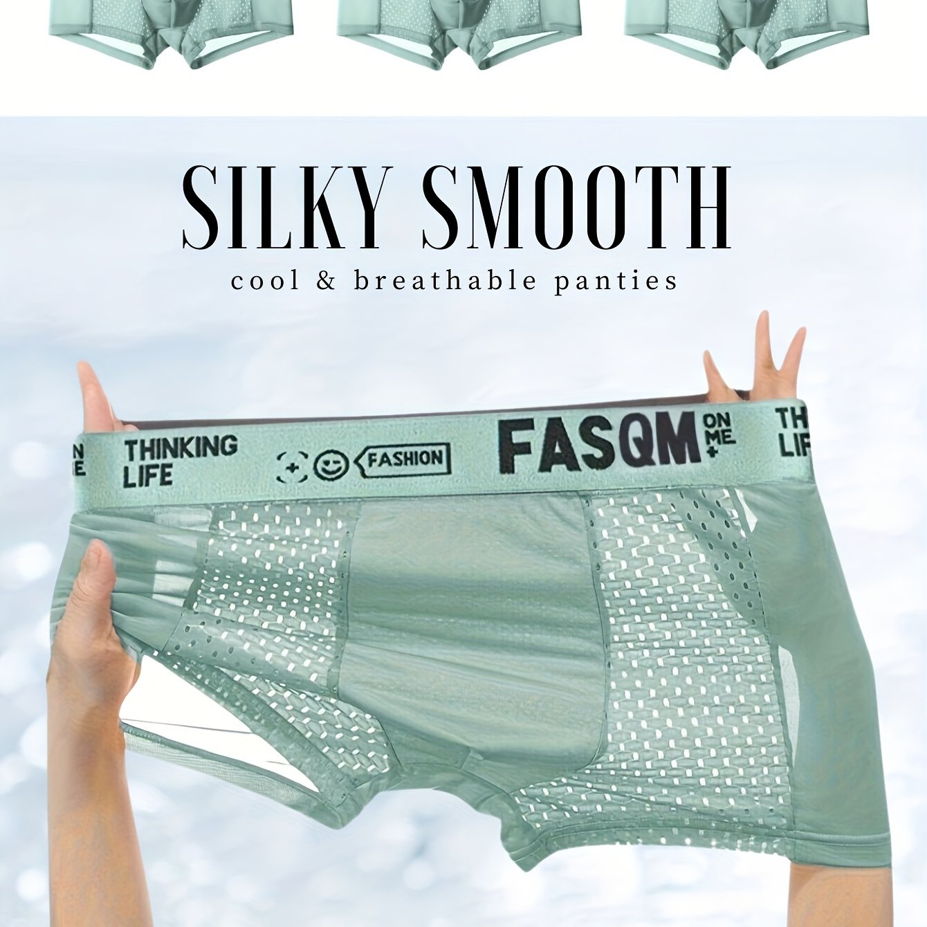 3pcs Men's Ice Silk Cool Soft Comfy Boxers Briefs Underwear, Mesh Patch Breathable Comfy Stretchy Trunks, Men's Casual Plain Color Underwear