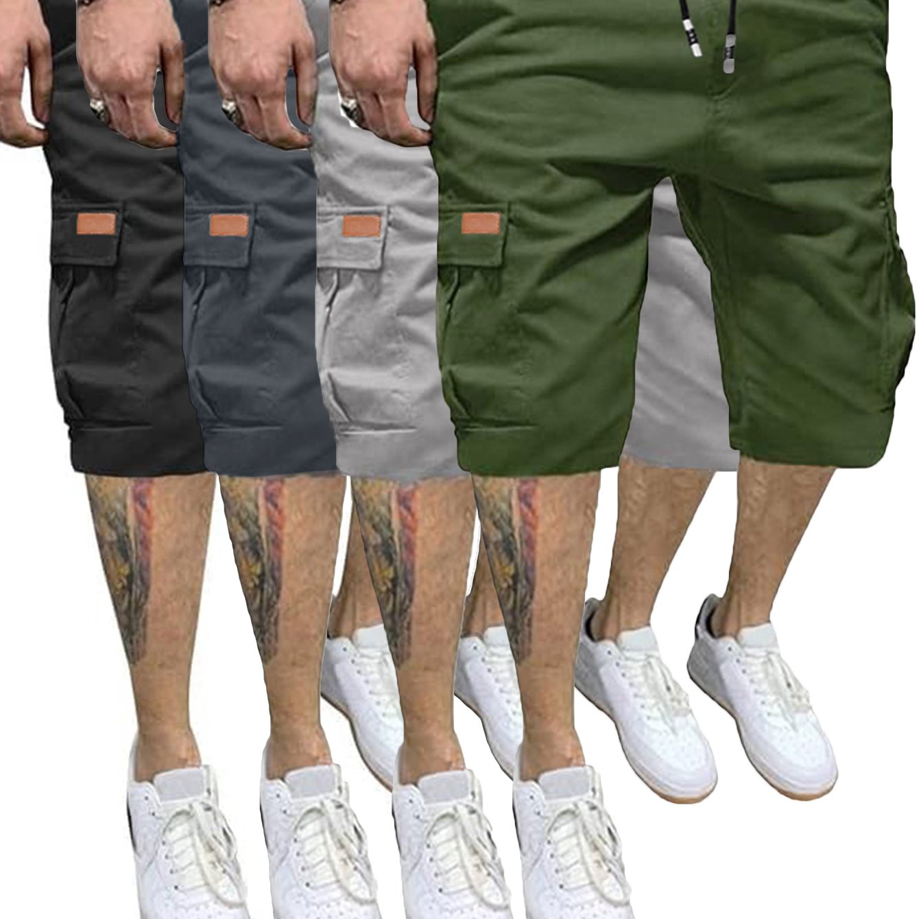 4 Pcs Men's Casual Cargo Shorts Elastic Drawstring Cotton Stretch Multiple Pockets Cargo Short