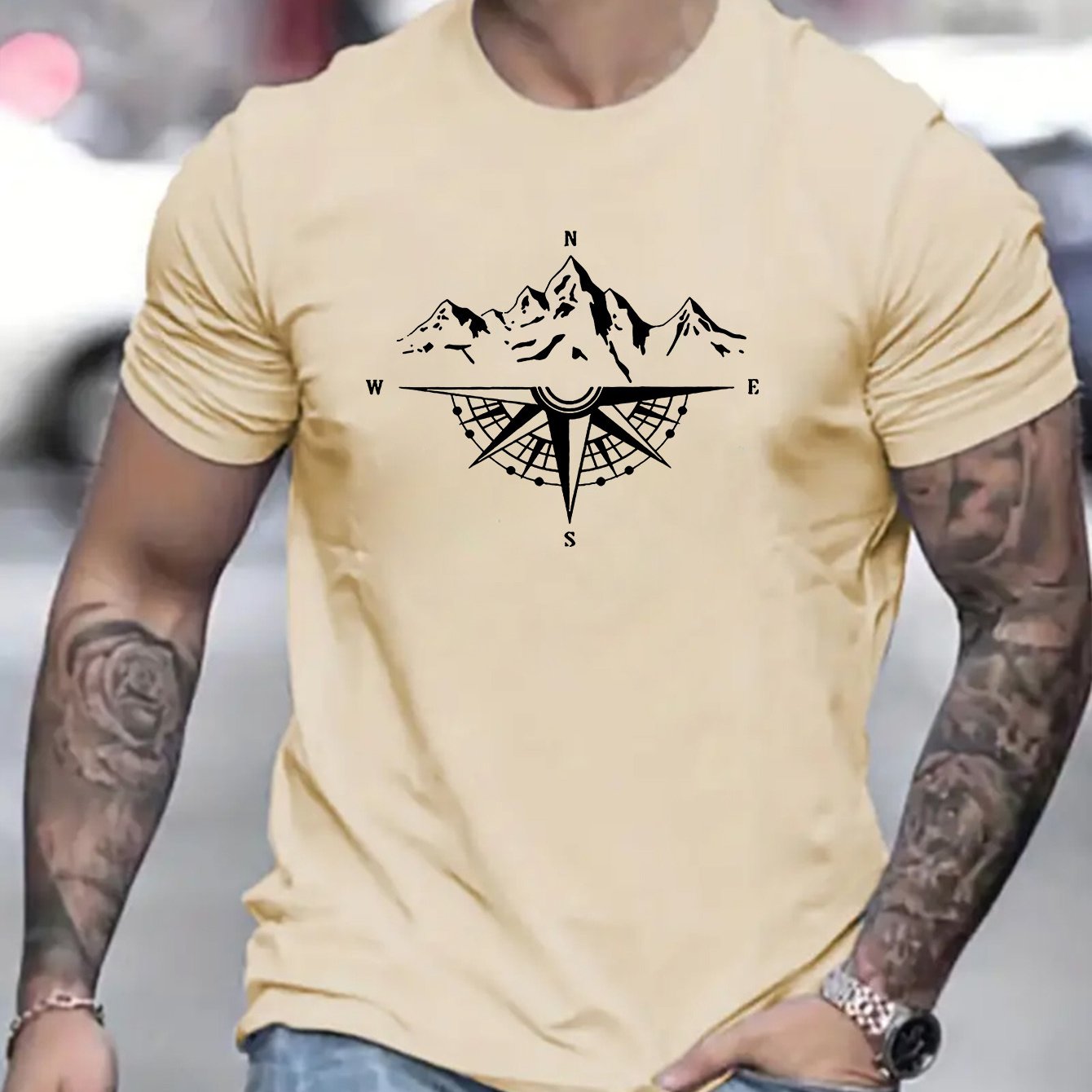 Mountain Shaped Compass & Letter Creative Printing Men's Round Neck Printed T-shirt, Short Sleeved Comfortable Loose Casual Top, Spring Summer Holiday Men's Clothing As A Gift