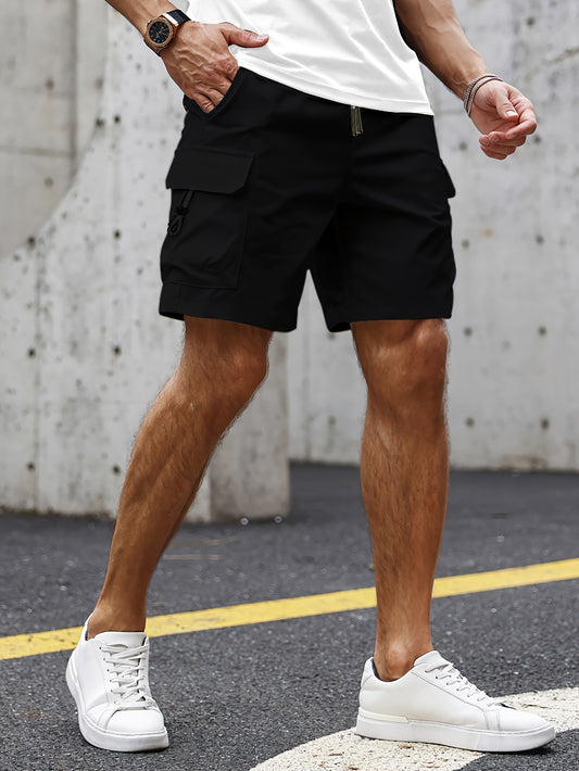 Casual Solid Men's Loose Fit Elastic Waist Cargo Shorts With Side Pockets For Summer Outdoor Leisure And Work