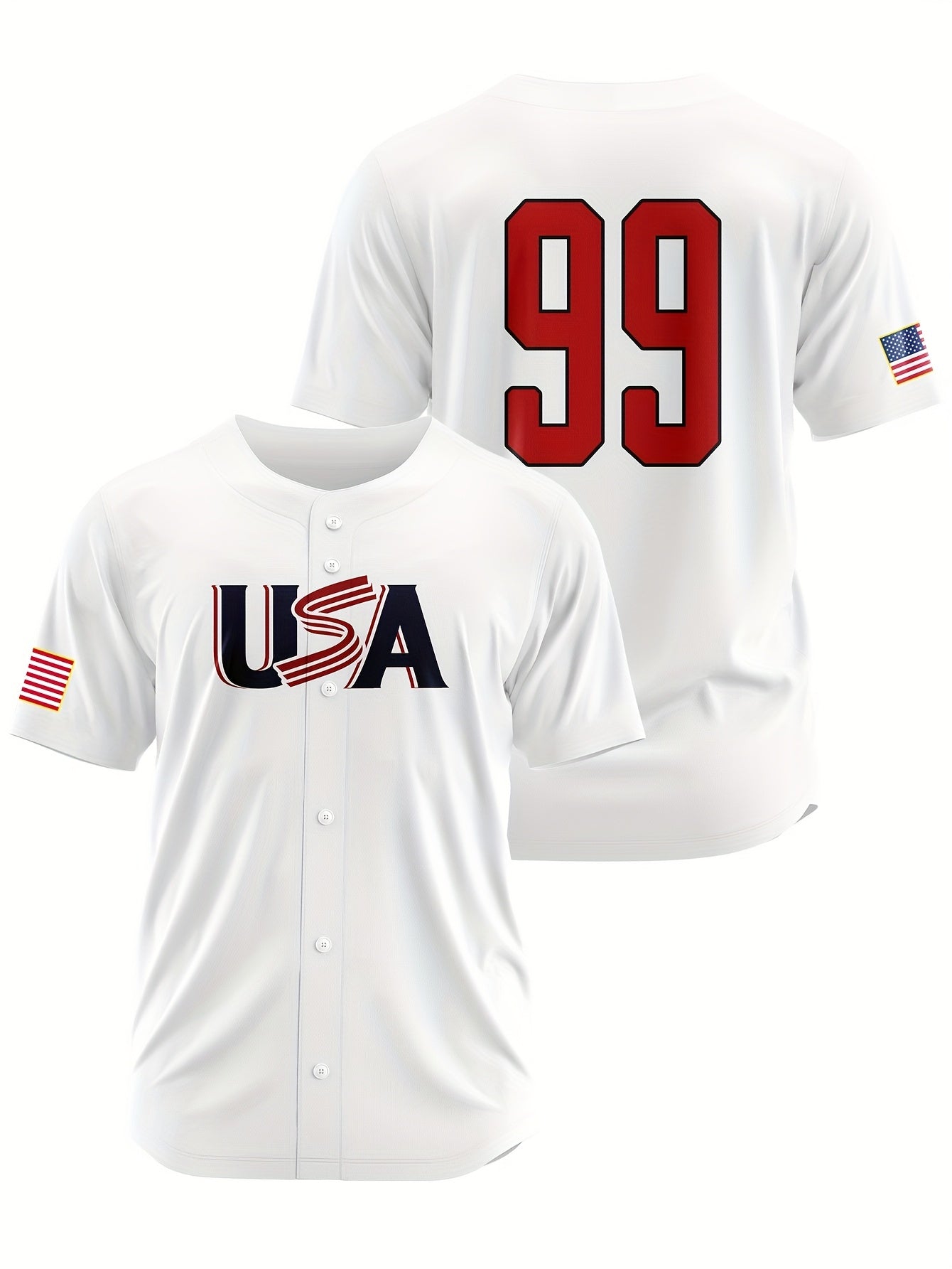 Patriotic Pride | Men's Classic White USA Baseball Jersey with American Flag Embroidery, Breathable Nylon-Spandex Blend, Button-Up Sports Uniform for Fans, Perfect Gift for All Seasons