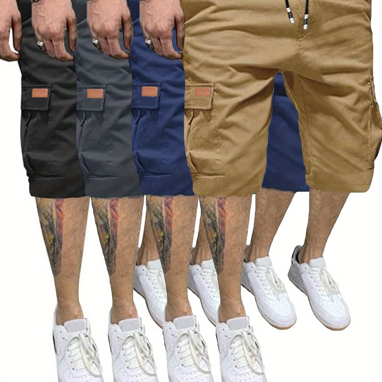 4 Pcs Men's Casual Cargo Shorts Elastic Drawstring Cotton Stretch Multiple Pockets Cargo Short