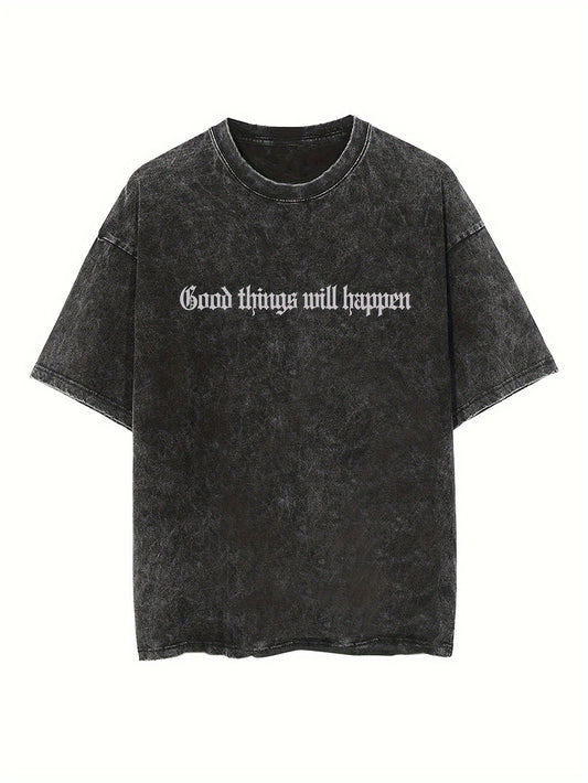 Men's vintage wash to make old letters mouth double-sided printed T-shirt
