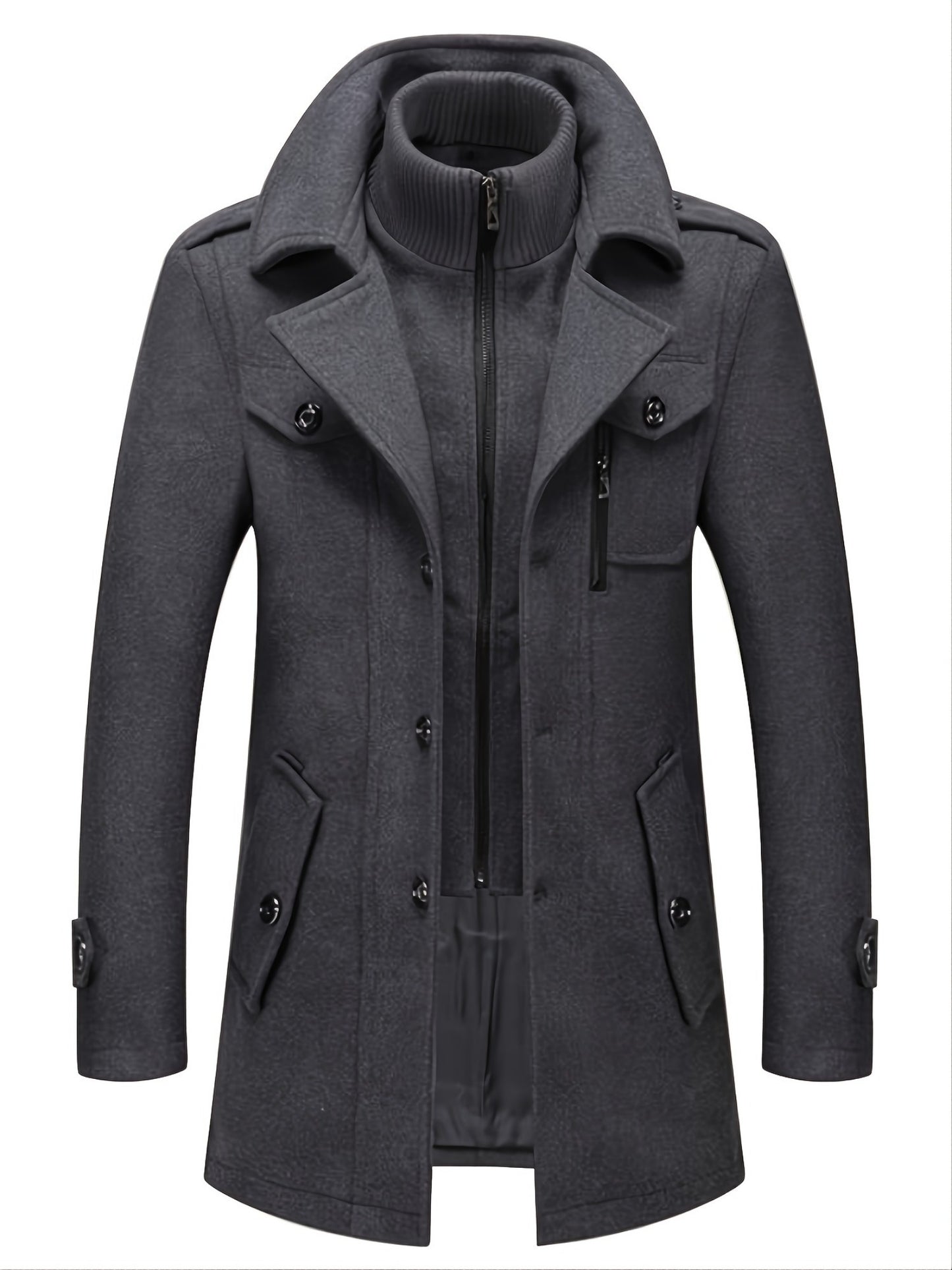 Men'S Business Woolen Coat Fashion Double Collar Mid-length Woolen Jacket For Autumn/ Winter