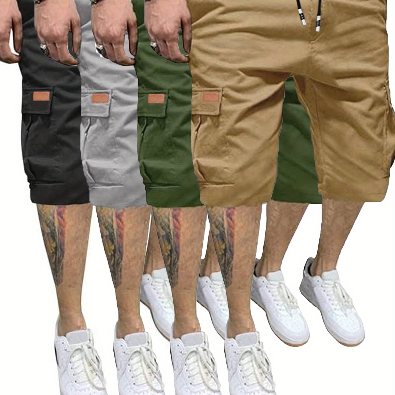 4 Pcs Men's Casual Cargo Shorts Elastic Drawstring Cotton Stretch Multiple Pockets Cargo Short