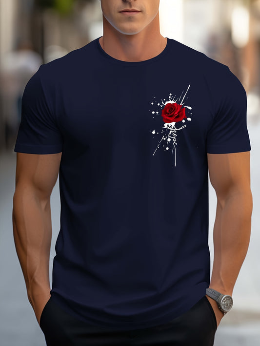 Flower printed T-shirt for men's casual style, summer and autumn micro elastic round neck T-shirt