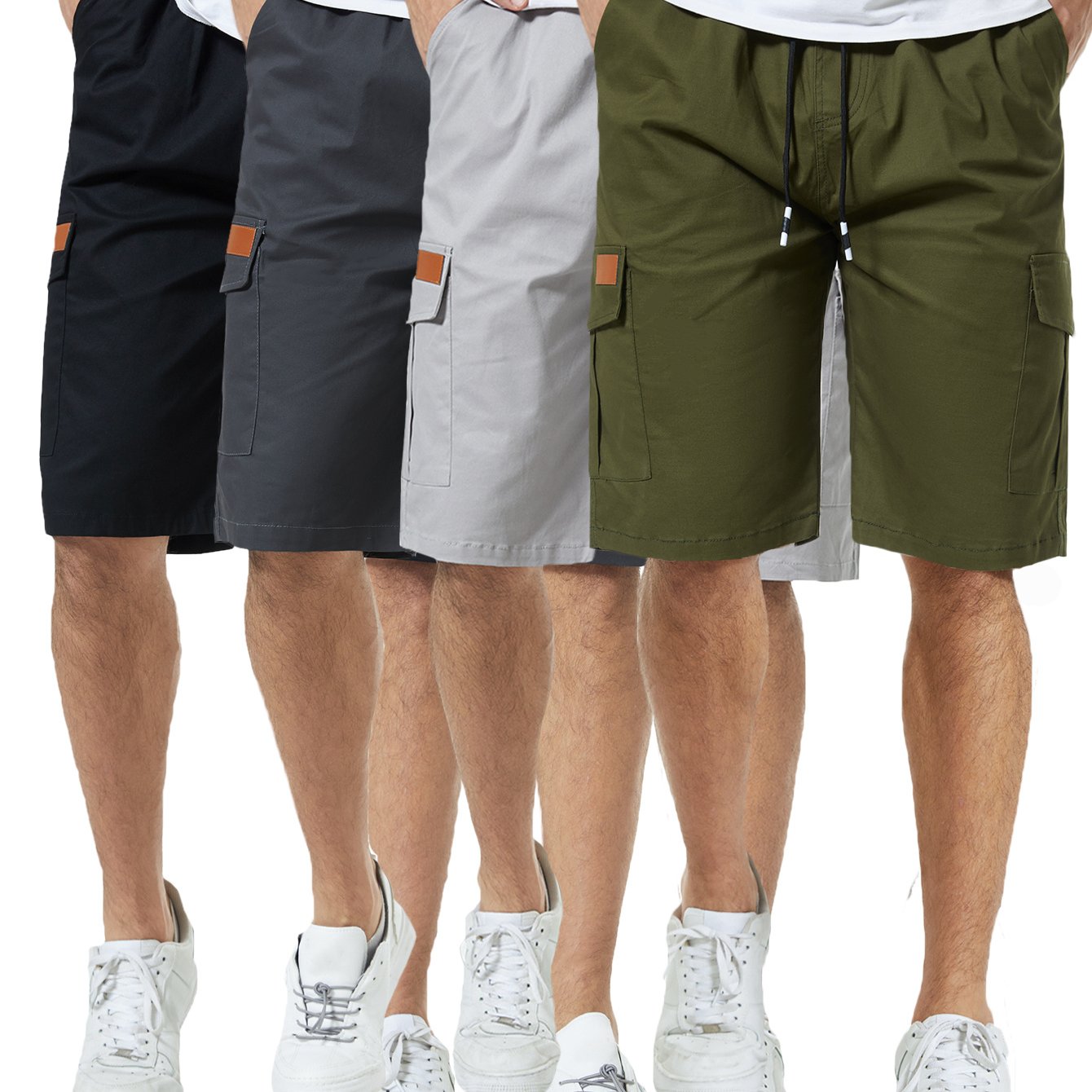 4 Pcs Men's Casual Twill Cargo Shorts Cotton Drawstring Multi Pockets Cargo Stretch Short for Summer