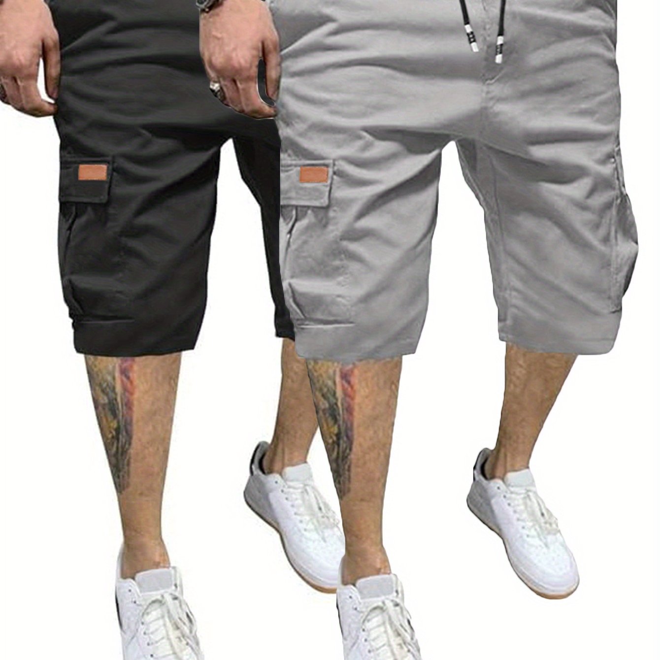 2pcs Men's Casual Cargo Shorts - Classic Drawstring, Stretch Cotton with Multiple Pockets, Gray & Brown, Machine Washable, Comfortable for Casual Attire